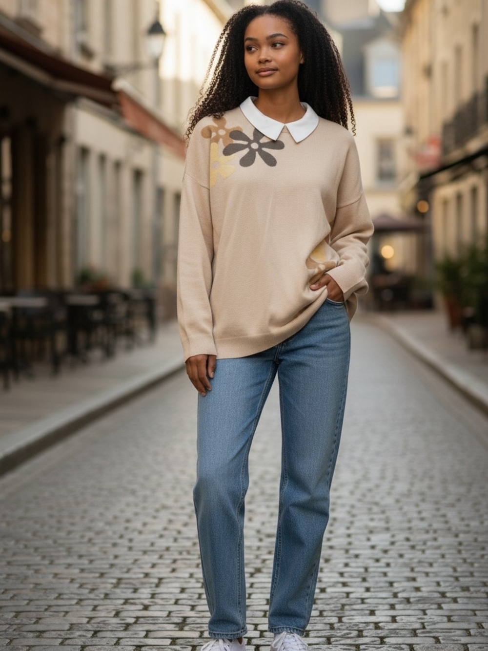 Relaxed Scoop Neck Sweater with Floral Accent - Cream